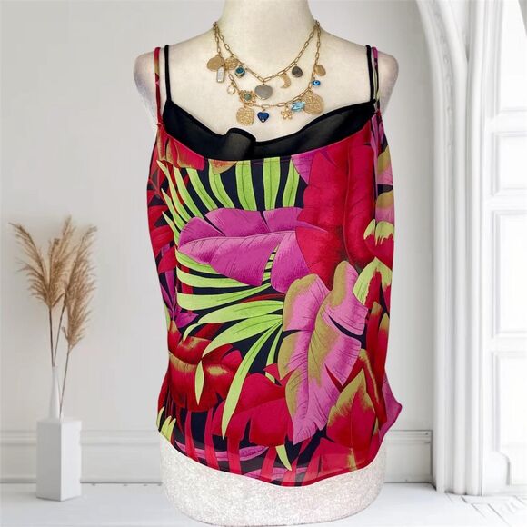 Early 2000’s Hawaiian Mesh Cowl Caché Hawaii Flower Floral Cami Camisole Top M - Picture 1 of 8